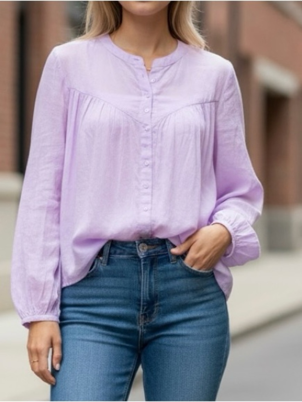 Pink Button-Front Peasant Blouse